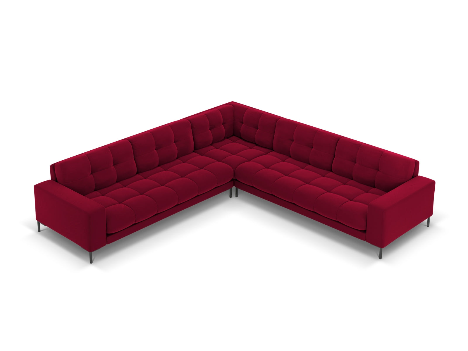 Luxuriöses Mamaia Velour Ecksofa in Rot und Schwarz, perfekt für großzügige Wohnzimmer, vereint Komfort und modernes Design.
