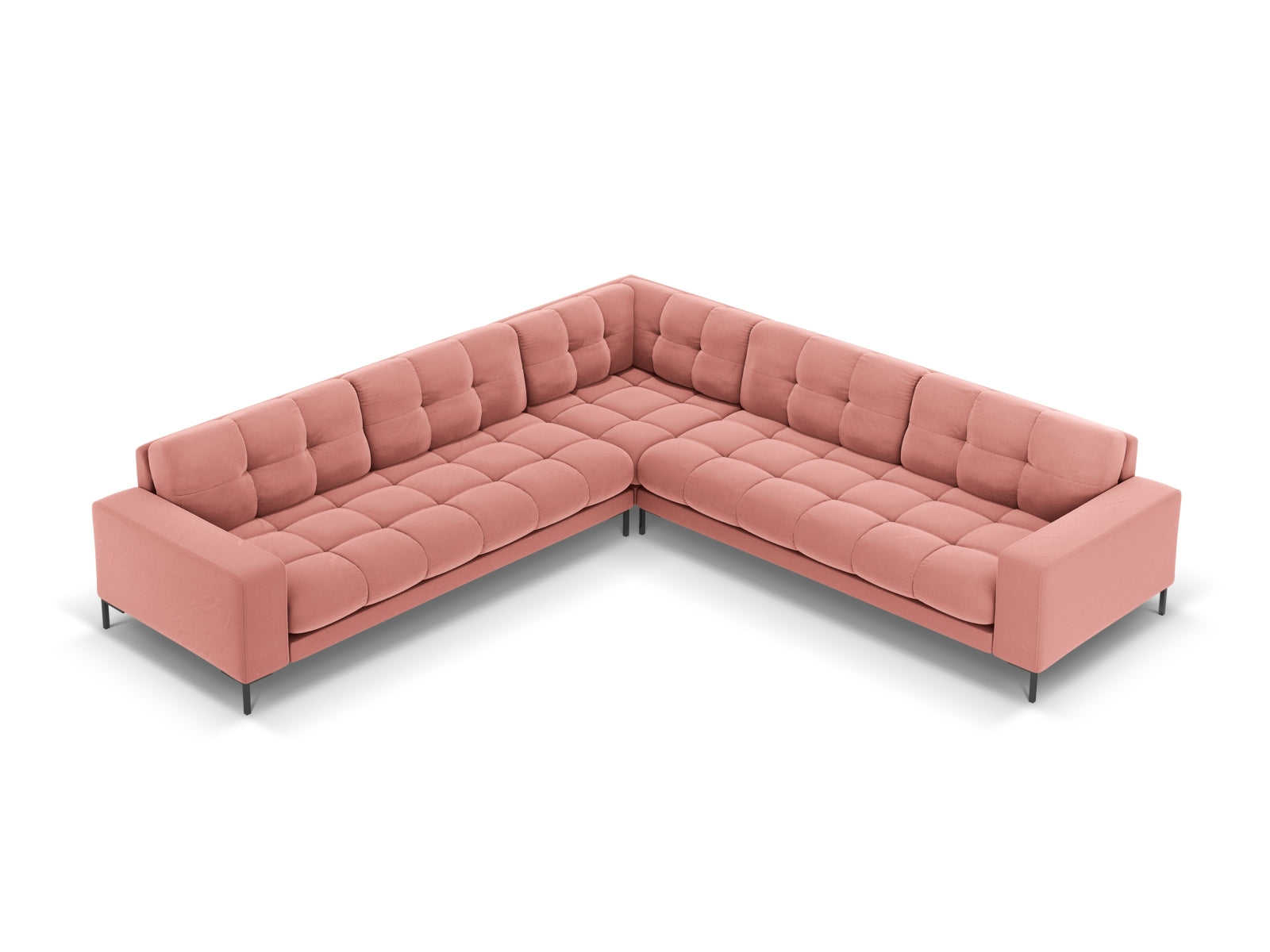 Stylisches Mamaia Velour Ecksofa in ansprechendem Pink und Schwarz, perfekt für gemütliche Zusammenkünfte und zeitgemäße Einrichtung.