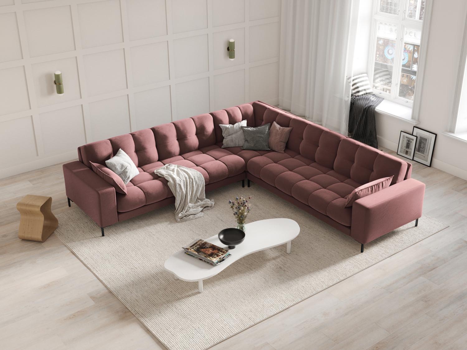 Elegantes Mamaia Velour Ecksofa in stilvollem Pink und Schwarz, ideal für moderne Wohnräume und gesellige Abende.