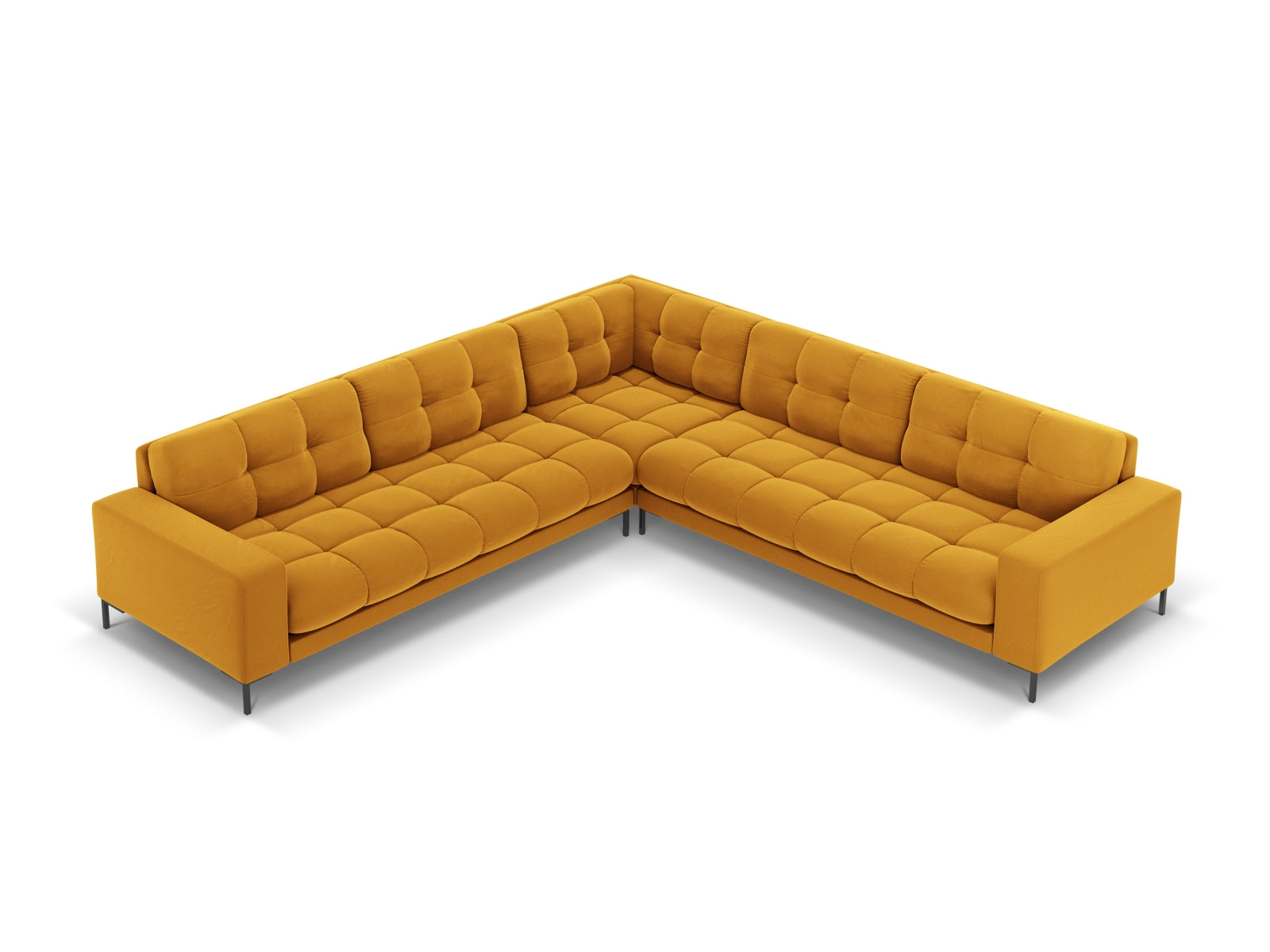 Stilvolles Mamaia Velour Ecksofa in Gelb und Schwarz, perfekt für großzügige Wohnzimmer, vereint Komfort und modernes Design.