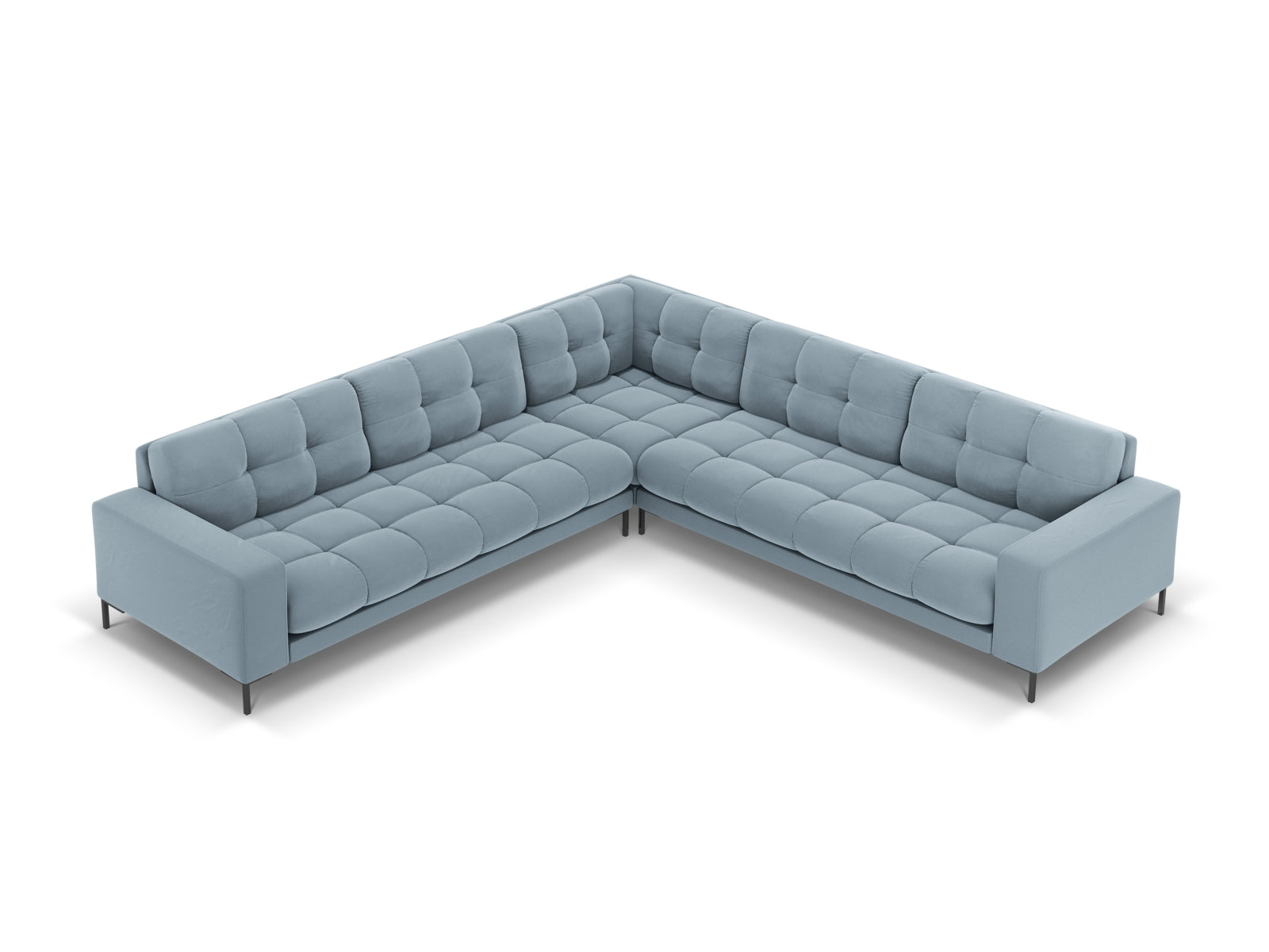 Stylisches Mamaia Velour Ecksofa für 6 Personen, harmonisches Design in sanften Blautönen, perfekt für moderne Wohnzimmer.