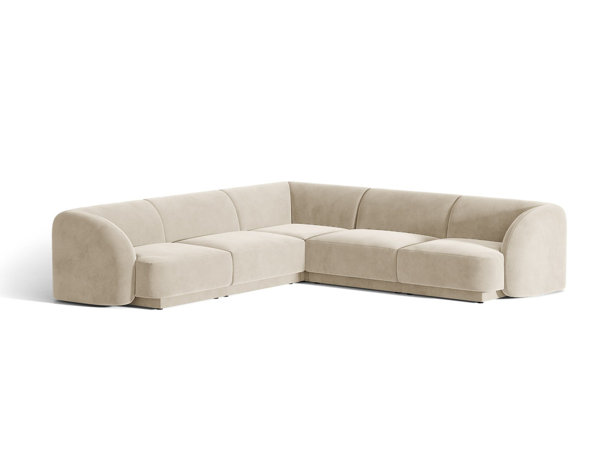 Dunkelbeiges symmetrisches Ecksofa Miley von Micadoni aus Bluvel-Stoff mit schwarzen Kunststoffbeinen, moderne L-Form für Wohnräume.