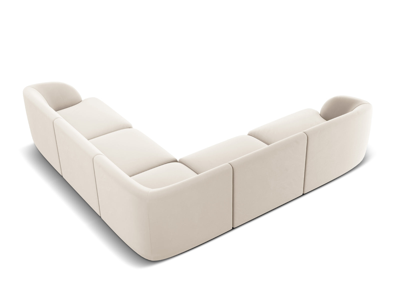 Stylisches 5-Sitzer Ecksofa Miley aus Velours in symmetrischem Design, sanfte beige Farbgebung, perfekt für moderne Wohnkonzepte.
