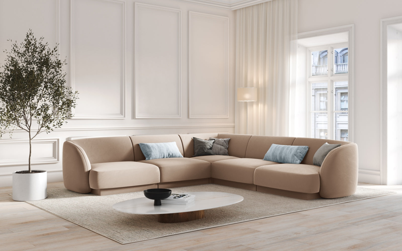 Elegantes Miley Velour Ecksofa in symmetrischer Form, 5-Sitzer in stilvollem Cappuccino-Bluvel, ideal für moderne Wohnräume.