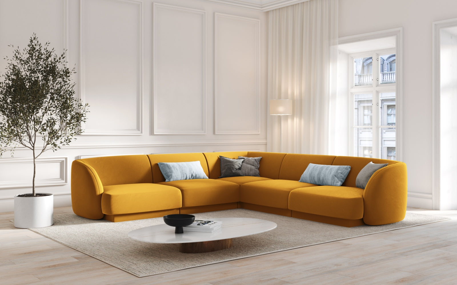 Elegantes Miley Velour Ecksofa in symmetrischem Design, ideal für stilvolle Wohnräume. Komfortabel und modern, perfekt für gesellige Abende.