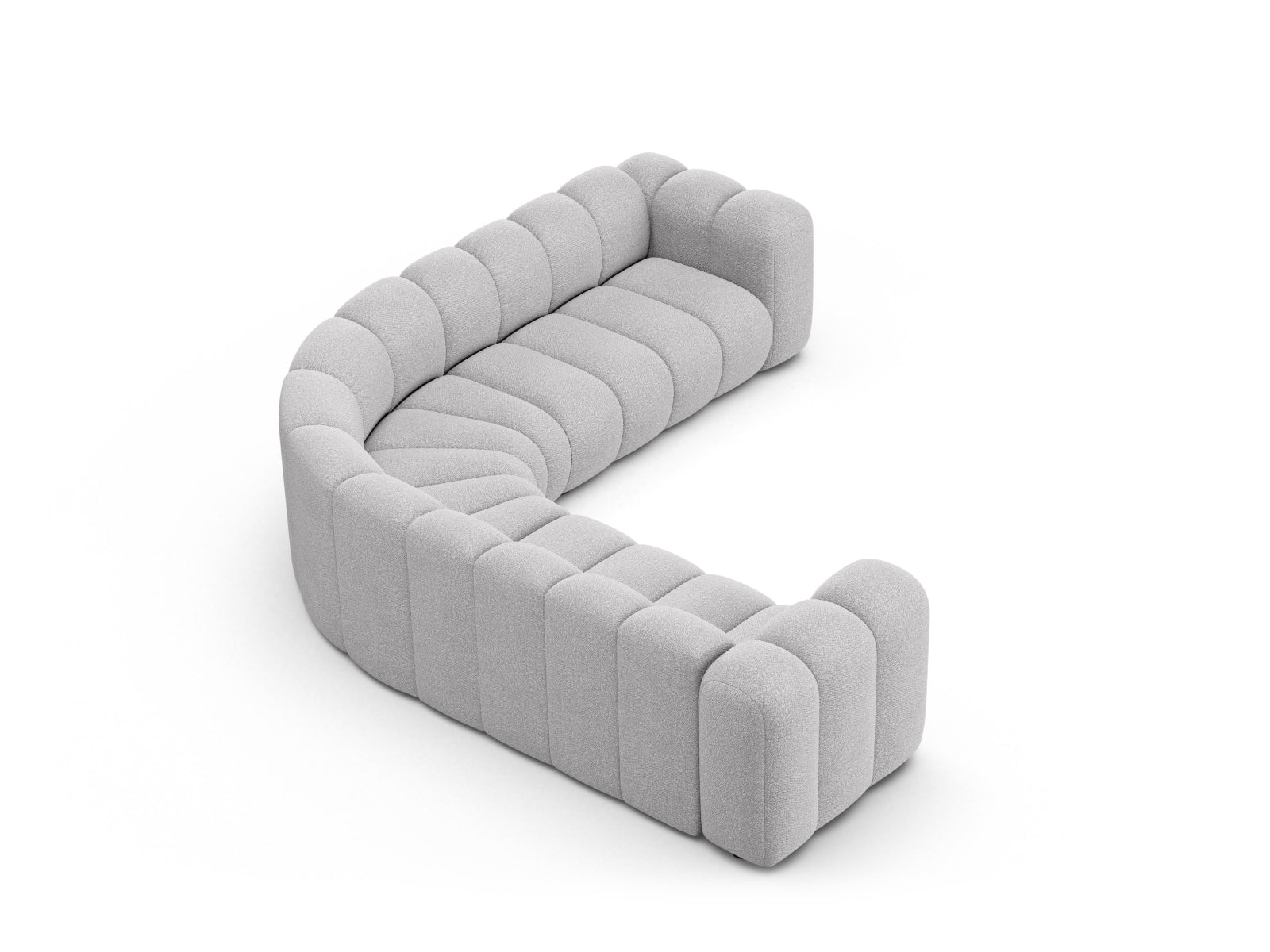 Stylisches, modulares Ecksofa in sanftem Grau, perfekt für zeitgemäße Wohnkonzepte. Bietet Platz für bis zu fünf Personen.