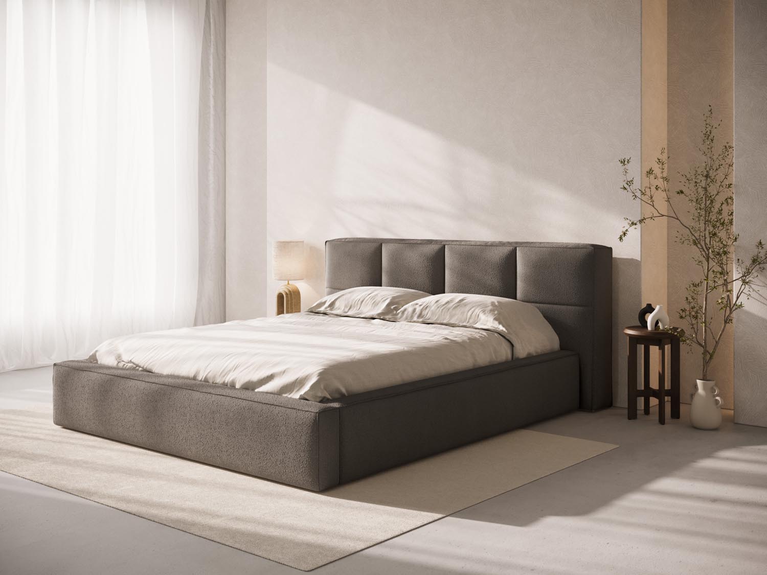 Elegantes Boucle Kopfteil Darren in sanften Grau-Braun-Nuancen, ideal für zeitgemäße Schlafzimmergestaltung. Hochwertige Verarbeitung von Micadoni.