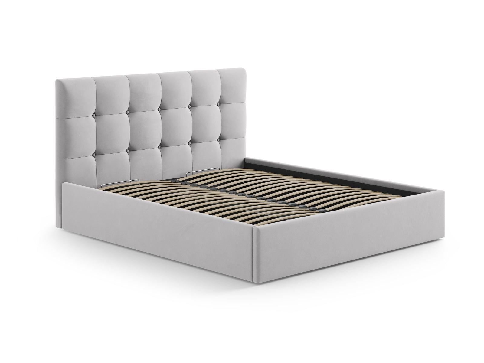 Luxuriöses Phaedra Velour Kopfteil in zartem Silberblau, ideal für moderne Schlafzimmergestaltung und einladende Wohlfühlmomente.