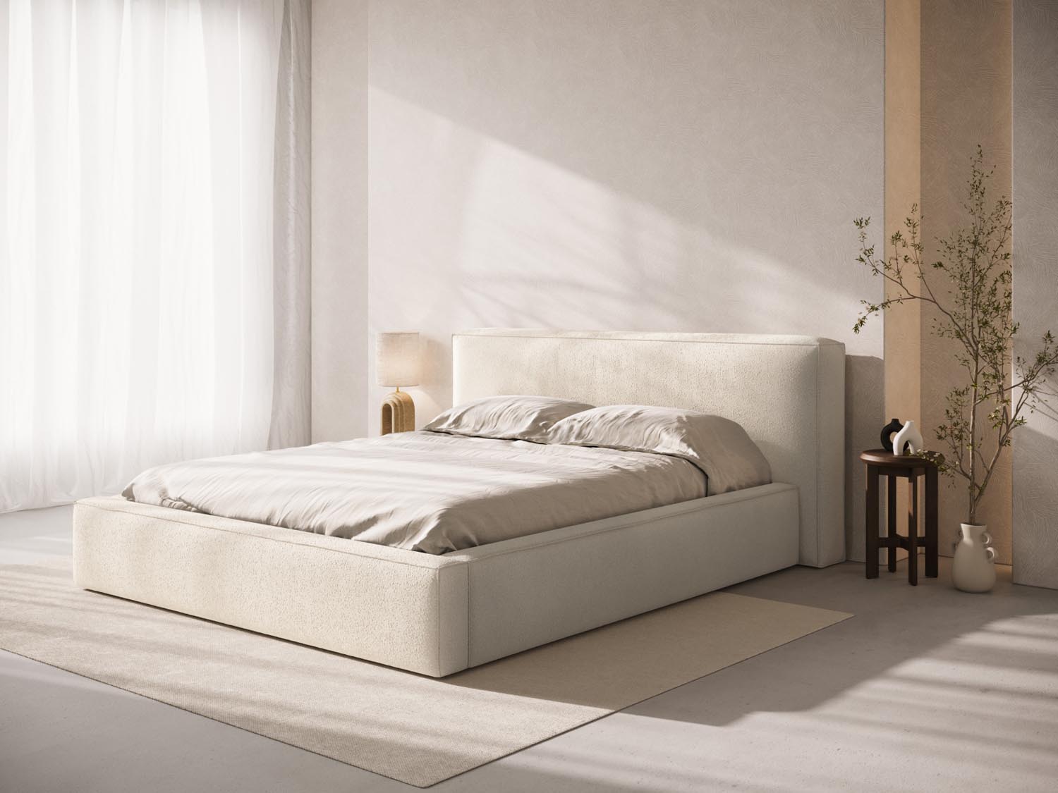 Verleihen Sie Ihrem Schlafzimmer mit dem Olivia Boucle Kopfteil von Micadoni einen Hauch von Eleganz. Perfekt für stilvolle Wohnkonzepte!