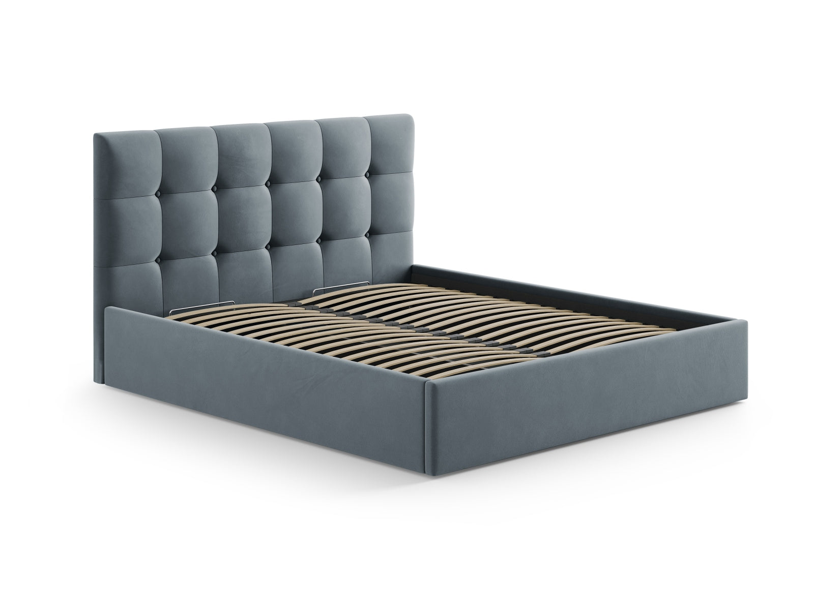 Elegantes Kopfteil Phaedra aus weichem Velour in sanftem Blau, ideal für stilvolle Schlafzimmer und harmonische Wohnkonzepte.