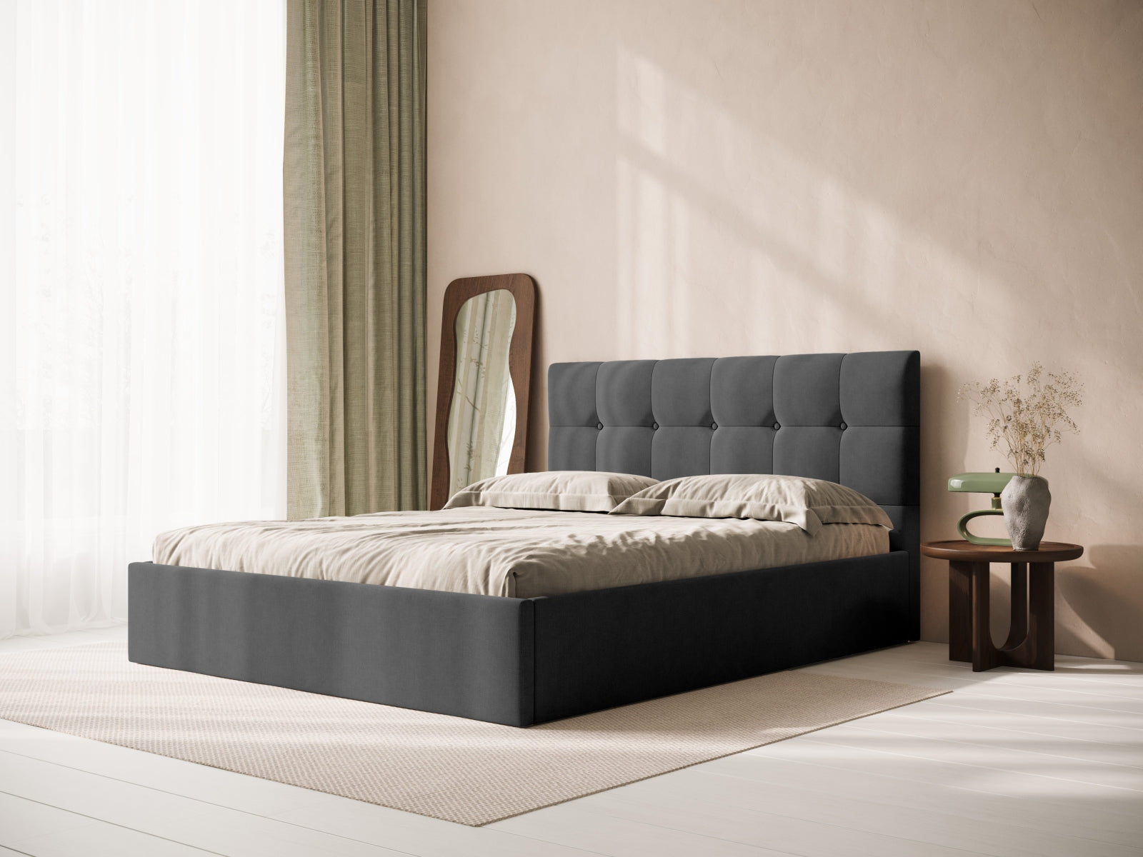 Stilvolles Kopfteil Phaedra in dunklem Anthrazit, perfekt für moderne Schlafzimmer und schafft eine einladende, entspannte Stimmung.