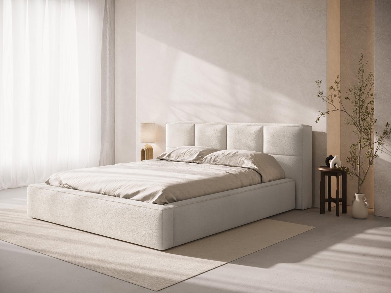 Elegantes Darren Boucle Kopfteil in warmem Beige, ideal für moderne Schlafzimmer und schafft eine einladende Atmosphäre.
