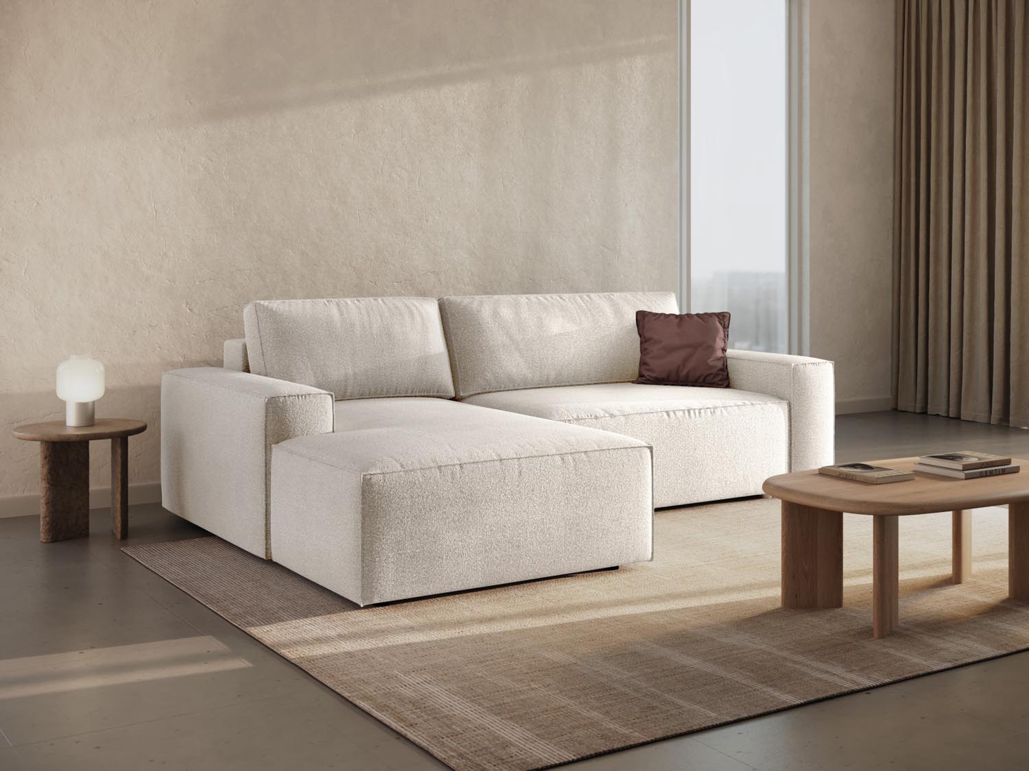 Elegantes Jodie Boucle Ecksofa links mit Schlaffunktion und Stauraum, ideal für stilvolle Wohnräume und gemütliche Nächte.