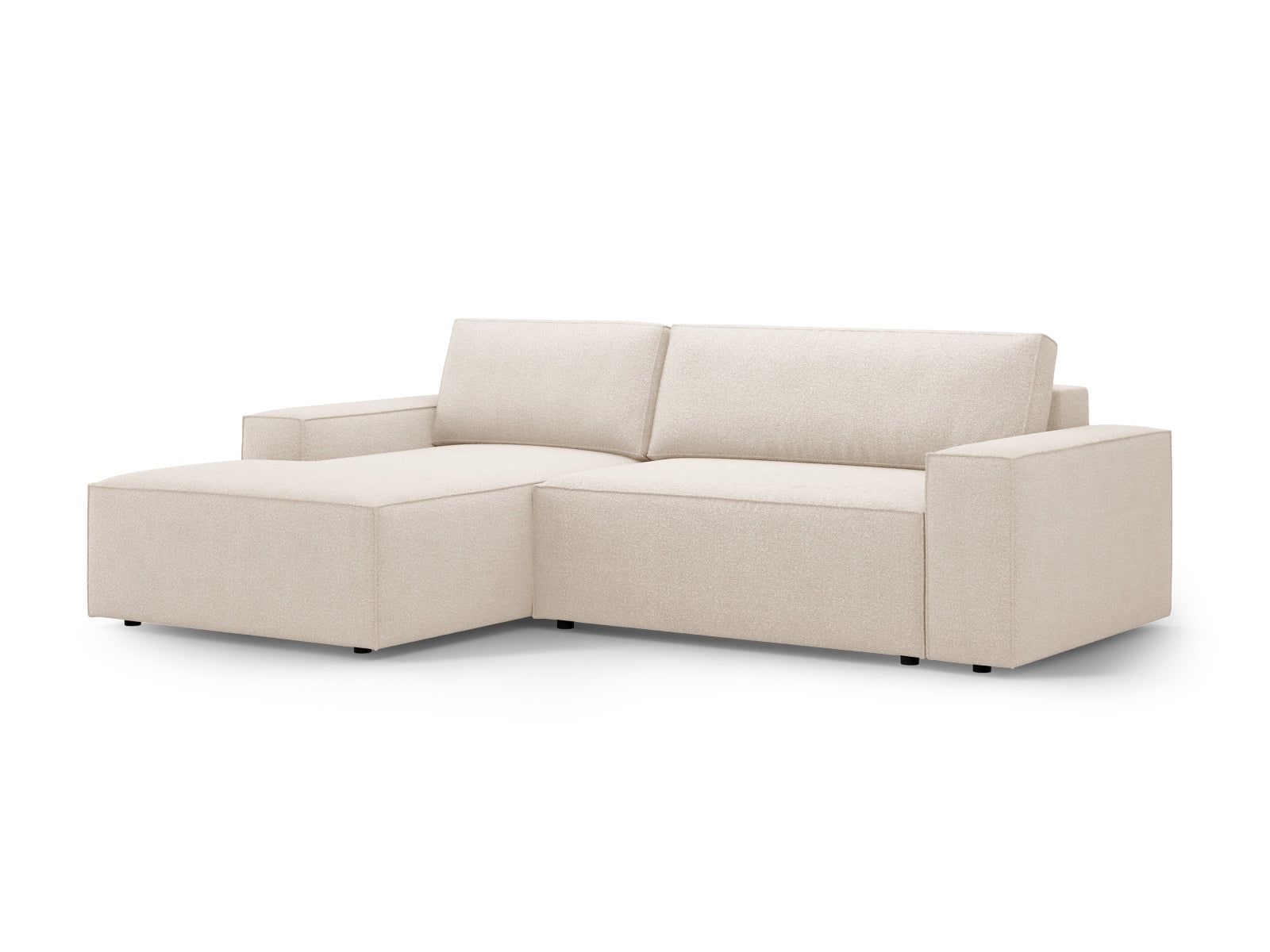 Beige Jodie Boucle Ecksofa links mit praktischer Schlaffunktion und Stauraum, elegantes 3-Sitzer Möbelstück für zeitgemäße Wohnräume.