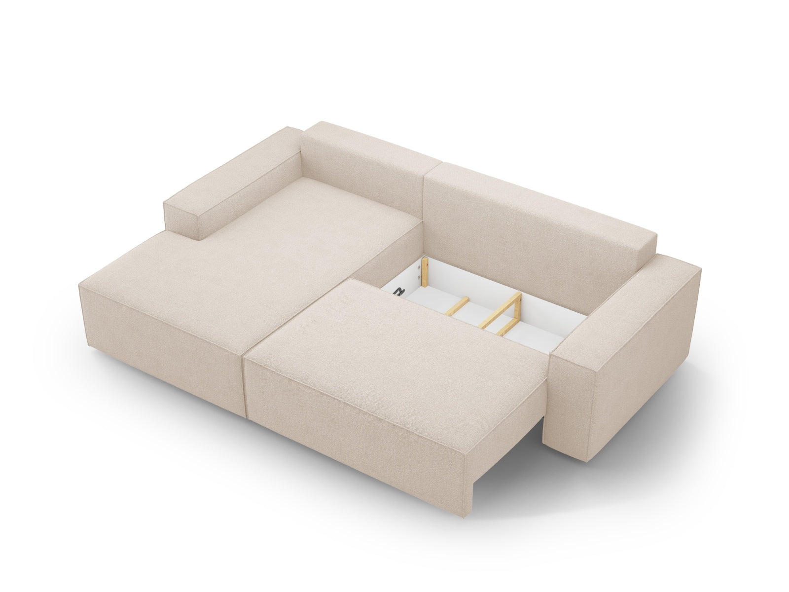 Elegantes, beiges Ecksofa Jodie Boucle links mit Schlaffunktion und Stauraum, ideal für gemütliche Wohnzimmer und flexible Nutzung.