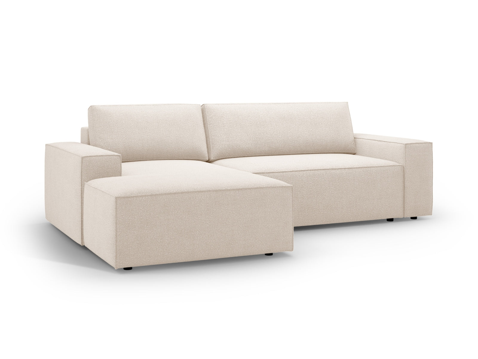 Elegantes, beiges Ecksofa Jodie Boucle links mit Schlafoption und praktischer Stauraumbox, ideal für moderne Wohnkonzepte.