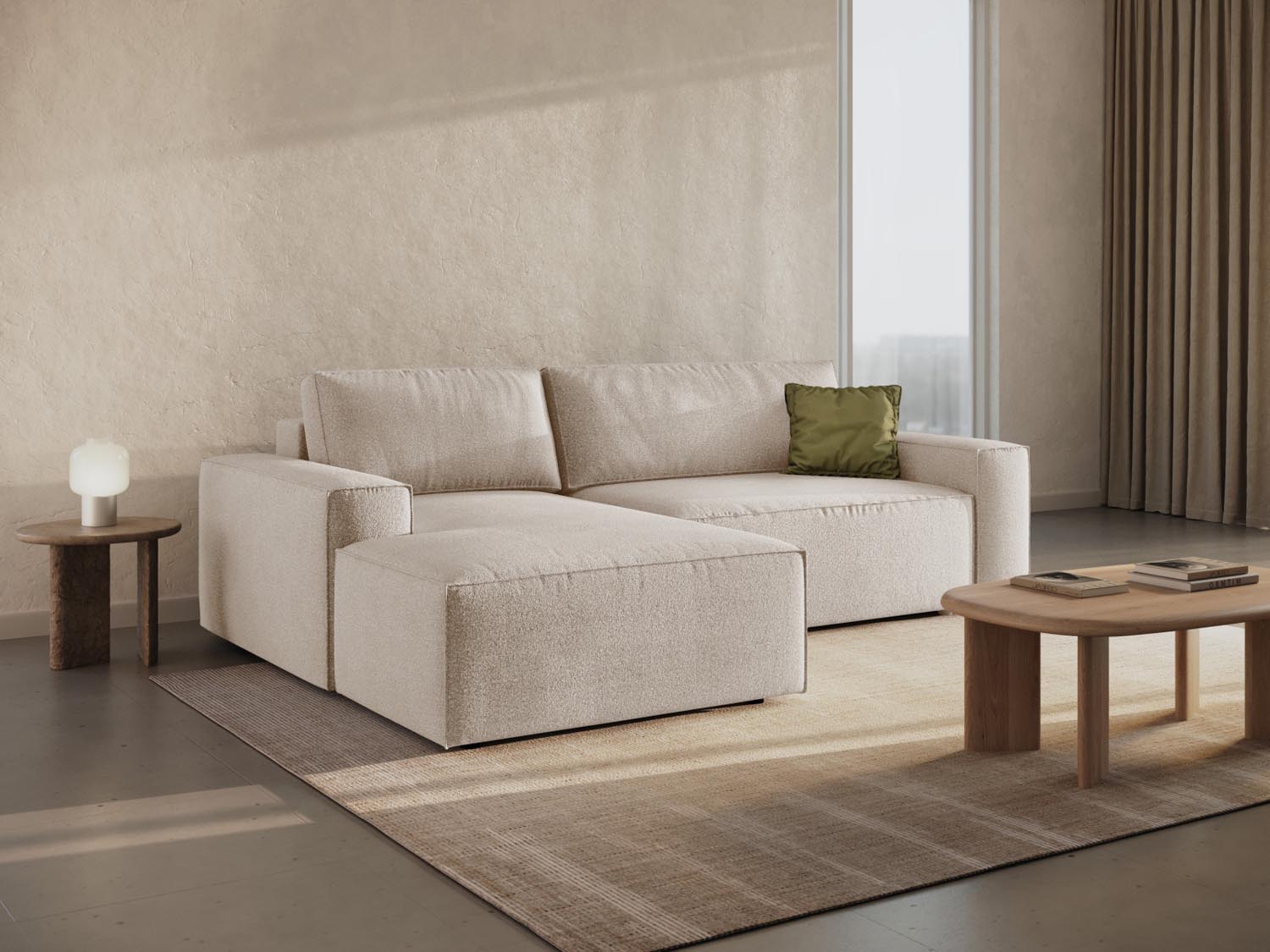 Entdecken Sie das stilvolle Jodie Boucle Ecksofa links von Micadoni – ein 3-Sitzer mit Schlaffunktion und Stauraum für Ihr modernes Wohnzimmer.