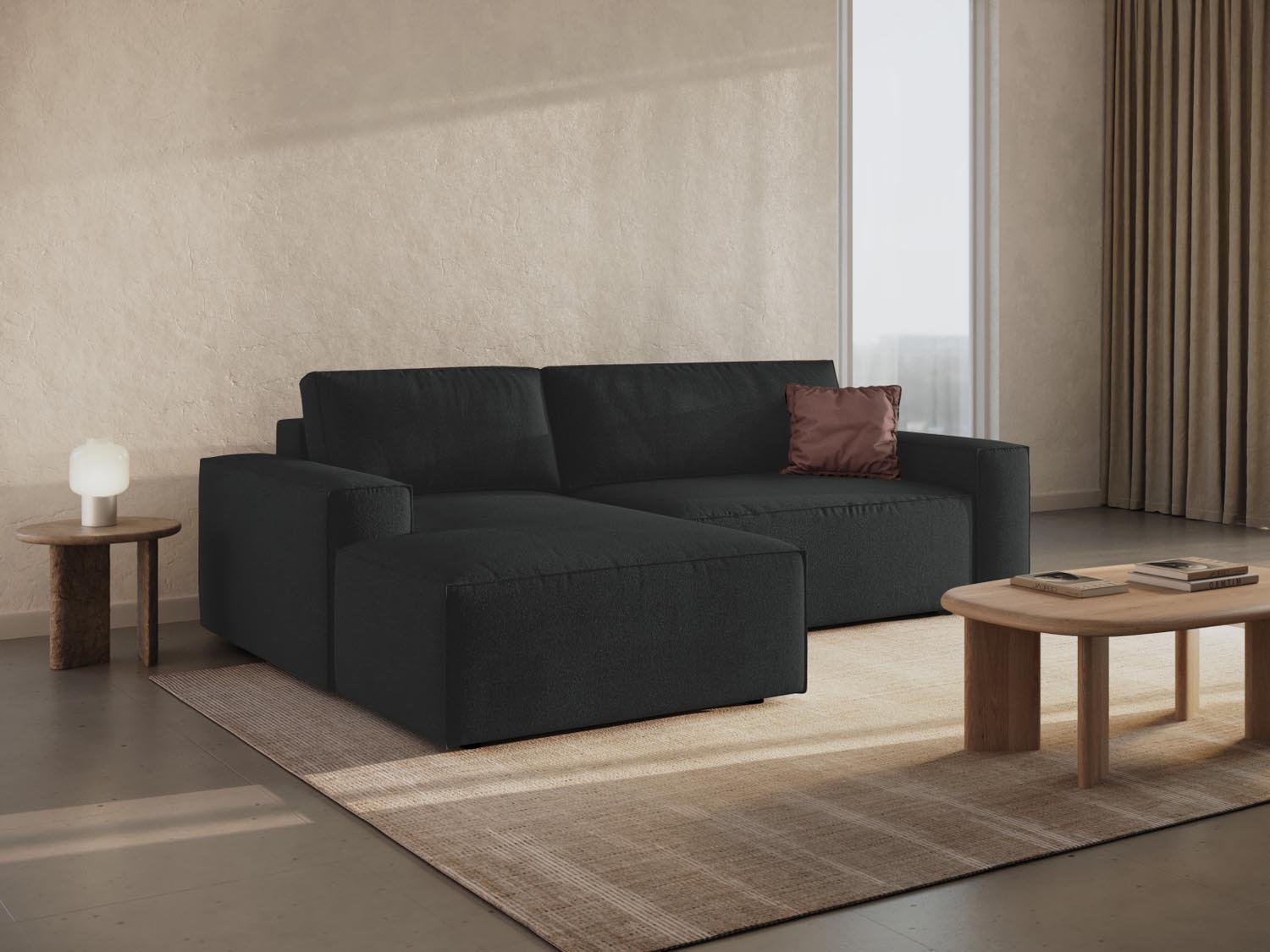 Stylisches Jodie Boucle Ecksofa links in elegantem Design, ideal für Wohnräume, mit praktischer Schlaffunktion und Stauraum.