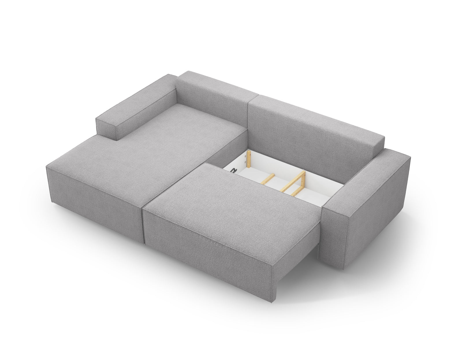 Elegantes Jodie Boucle Ecksofa links mit Schlaffunktion und Stauraum, perfekt für gemütliche Stunden und platzsparende Aufbewahrung.