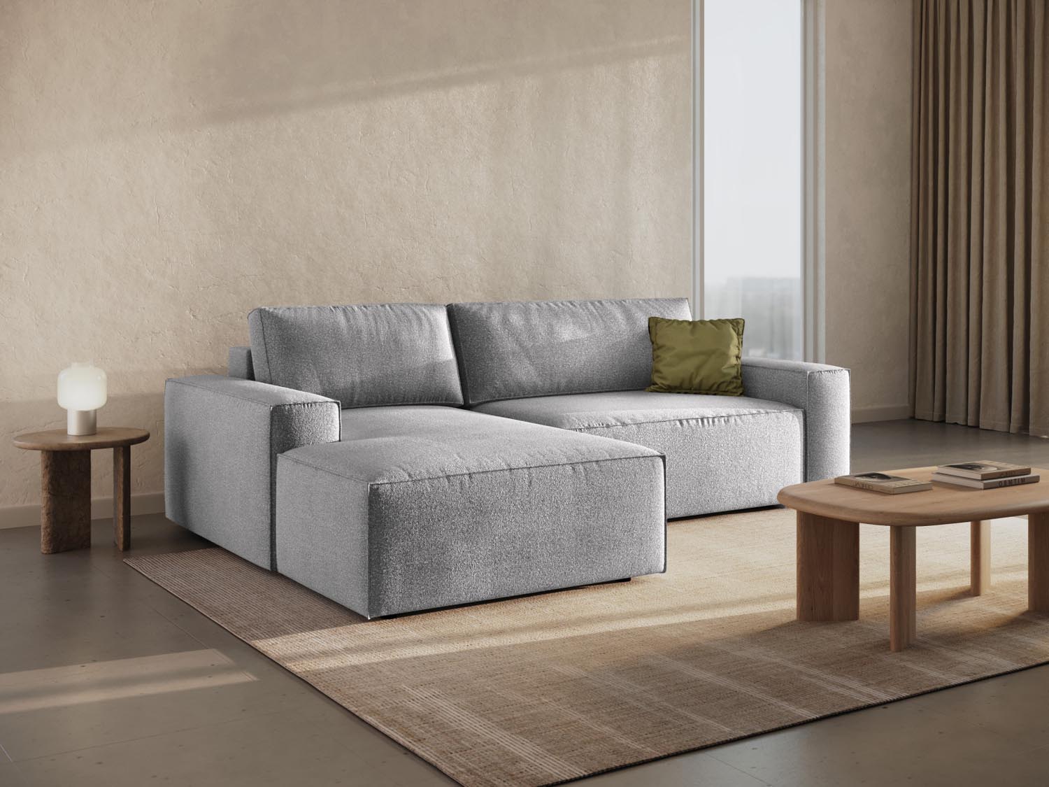 Stylisches Jodie Boucle Ecksofa links in hellem Grau, ideal für Schlafkomfort und praktischen Stauraum, perfekt für moderne Wohnräume.