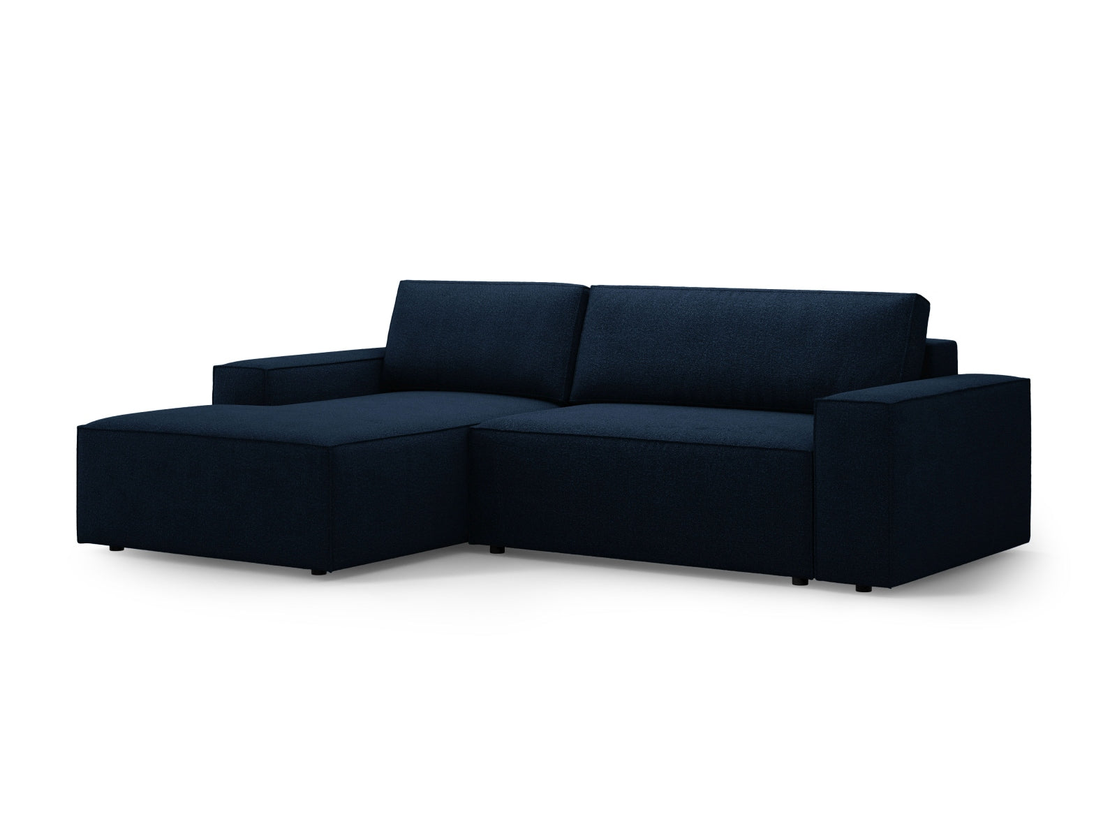 Modernes Jodie Boucle Ecksofa in Dunkelblau, bietet Komfort und Funktionalität mit Schlaffunktion und integriertem Stauraum für kleine Räume.