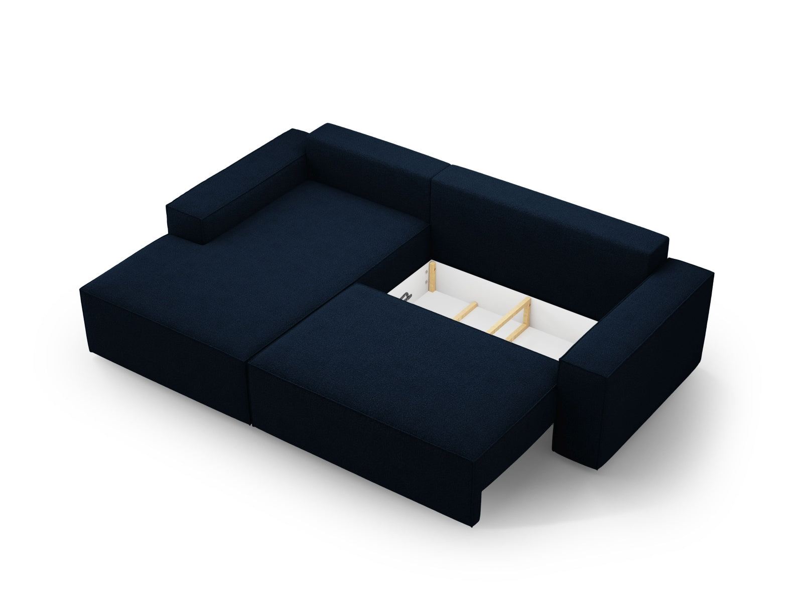 Modernes Jodie Boucle Ecksofa in Dunkelblau, linksseitig, bietet Schlafgelegenheit und Stauraum, perfekt für gemütliche Abende.