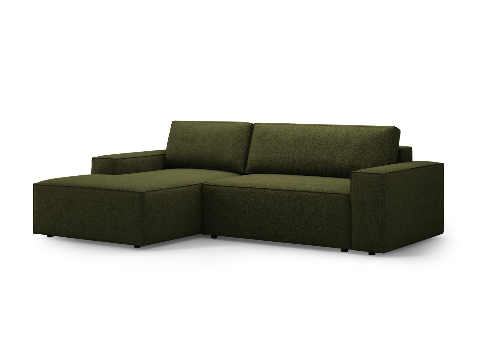 Modernes Jodie Boucle Ecksofa in Dunkelolivgrün, bietet Komfort und Funktionalität mit Schlaffunktion und integriertem Stauraum.