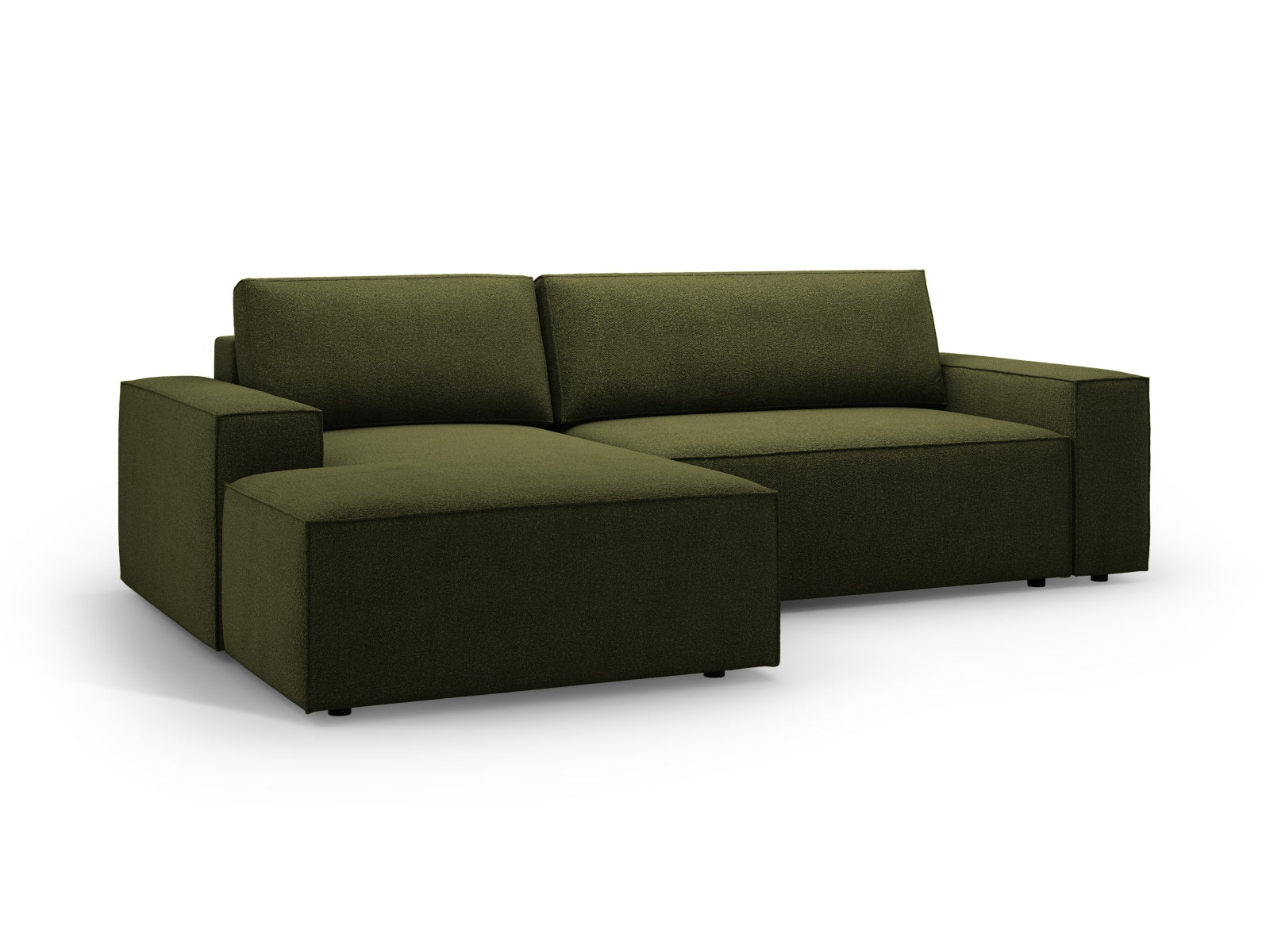 Elegantes Jodie Boucle Ecksofa in Dunkelolivgrün, perfekt für gemütliche Stunden und als Schlafsofa mit zusätzlichem Stauraum.