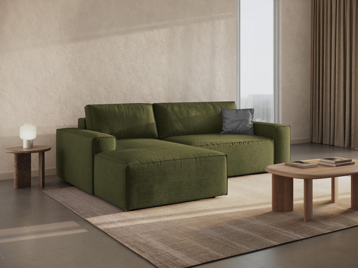 Jodie Boucle Ecksofa links mit Schlaffunktion und Stauraumbox 3 Sitzer in Dark Olive Green-Baloo präsentiert im Onlineshop von KAQTU Design AG. Bettsofa links ist von Micadoni