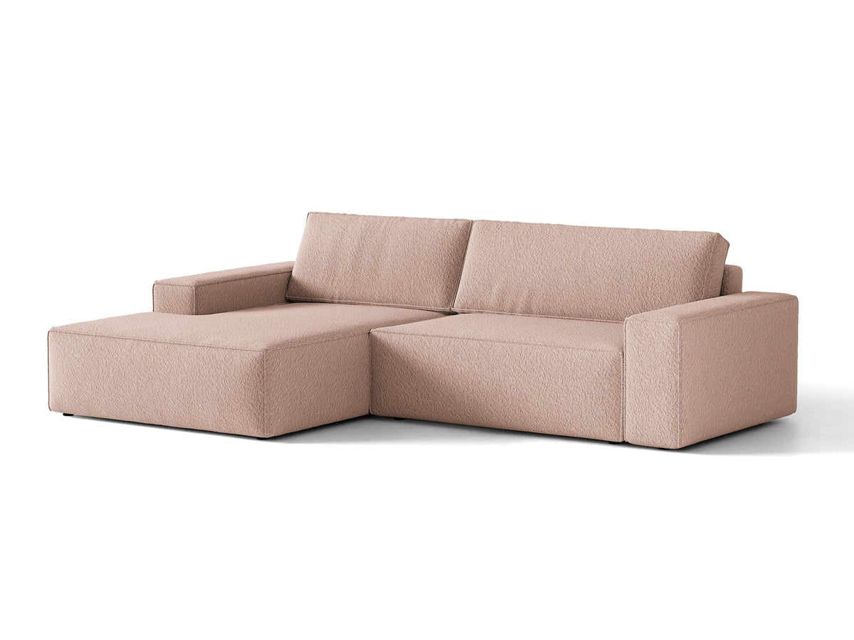 Braunes Ecksofa Jodie von Micadoni mit linker Ausrichtung, Baloo-Stoffbezug, schwarzen Kunststoffbeinen und ausklappbarem Bettkasten.