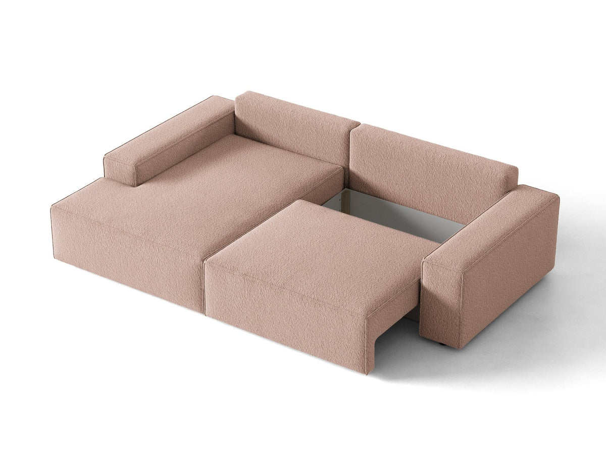 Braunes Ecksofa Jodie von Micadoni mit linker Ausrichtung, Baloo-Stoffbezug, schwarzen Kunststoffbeinen und ausklappbarem Bettkasten.