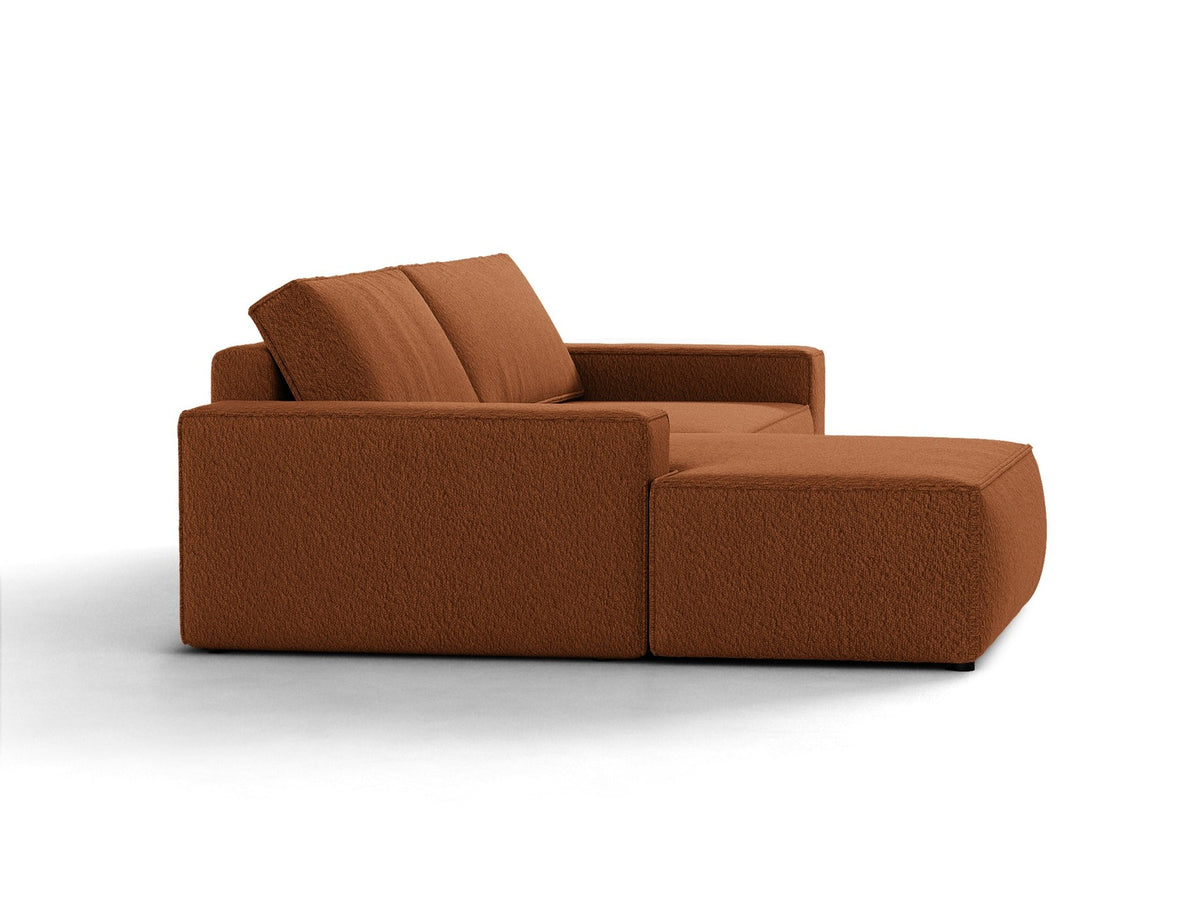 Braunes Ecksofa Jodie von Micadoni mit linker Ausrichtung, Baloo-Stoffbezug, schwarzen Kunststoffbeinen und ausklappbarem Bettkasten.