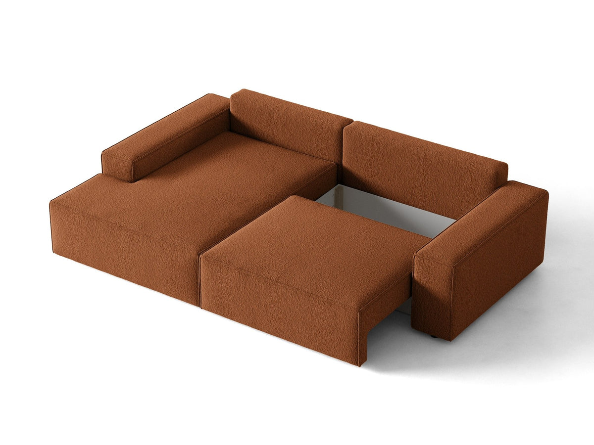 Braunes Ecksofa Jodie von Micadoni mit linker Ausrichtung, Baloo-Stoffbezug, schwarzen Kunststoffbeinen und ausklappbarem Bettkasten.
