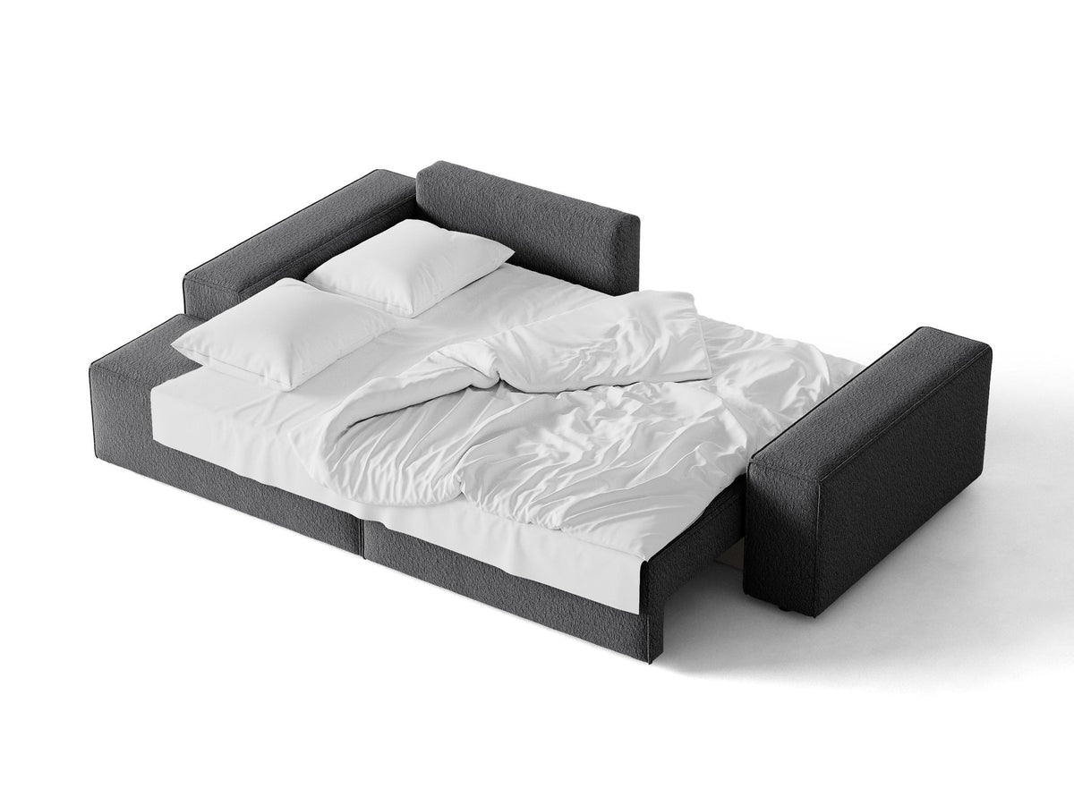 Braunes Ecksofa Jodie von Micadoni mit linker Ausrichtung, Baloo-Stoffbezug, schwarzen Kunststoffbeinen und ausklappbarem Bettkasten.