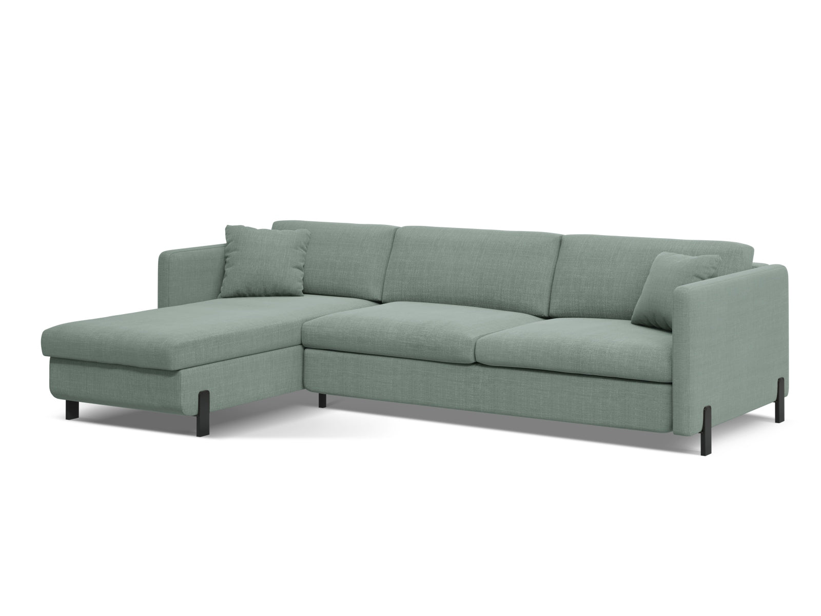 Elegantes 5-Sitzer Ecksofa in zartem Mintgrün, perfekt für entspannte Abende, bietet Schlafgelegenheit und cleveren Stauraum.