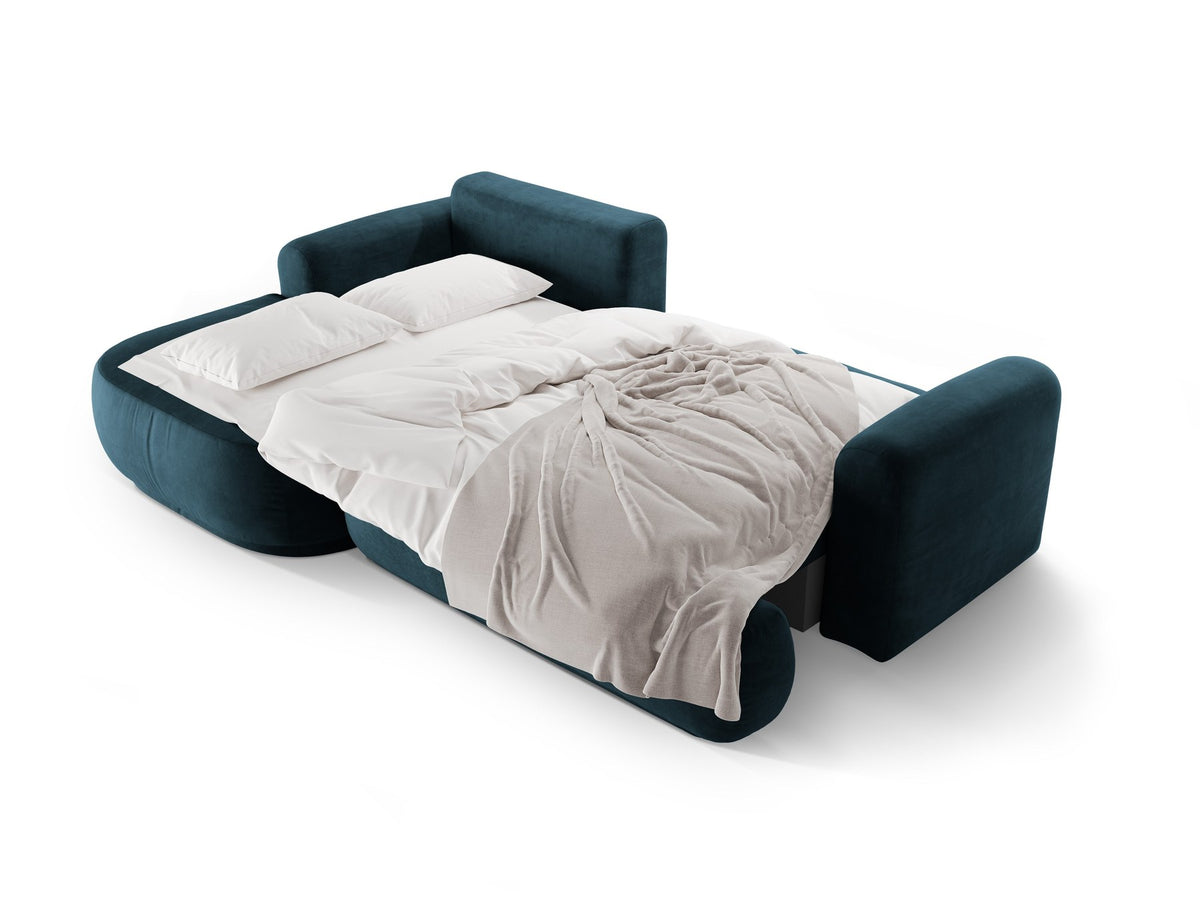 Ecksofa Ella von Micadoni in Leichtes Beige mit Veloursstoff-Bezug, schwarzen Kunststoffbeinen und ausklappbarer Liegefläche links, Retro-Form.