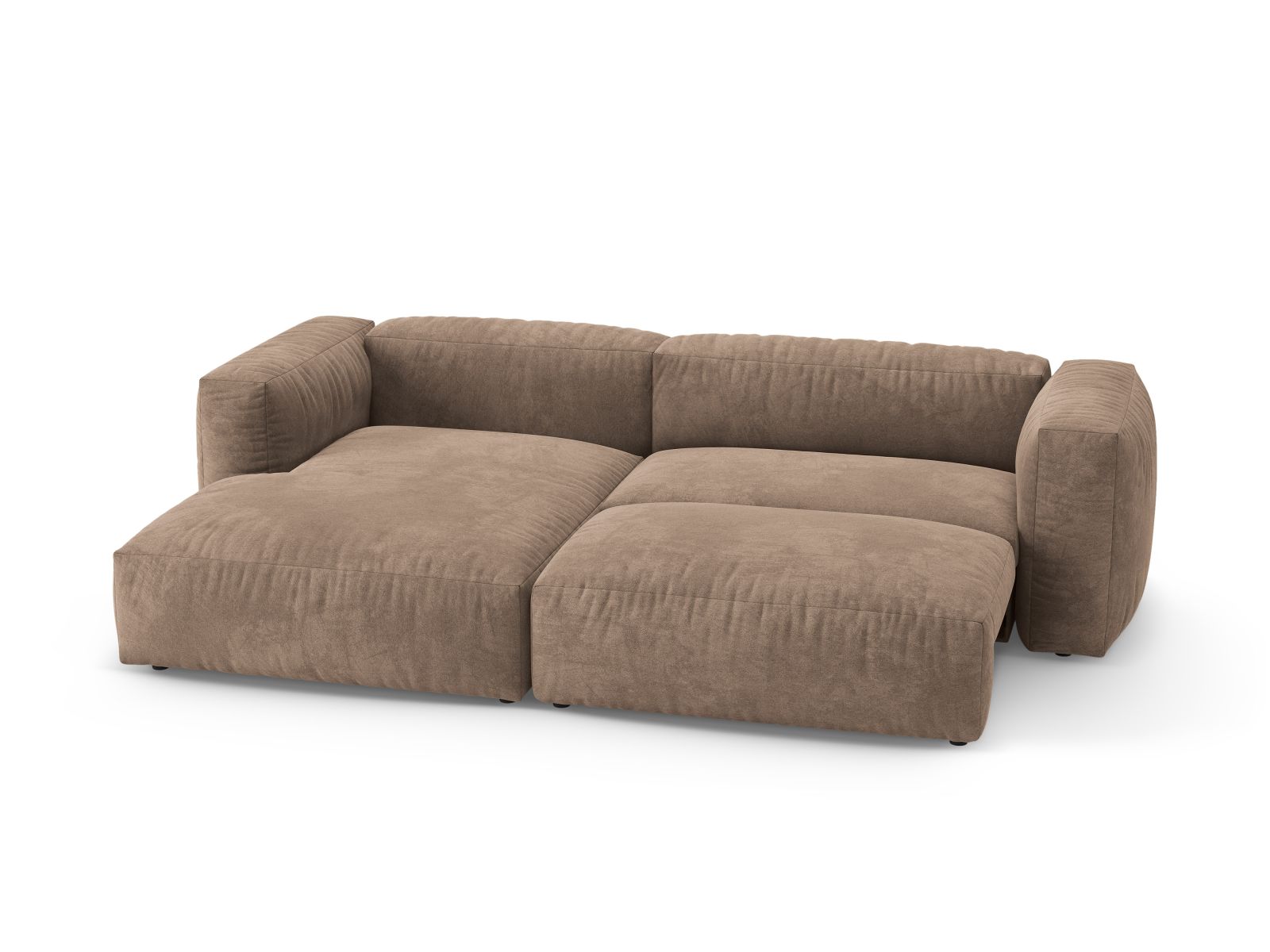 Elegantes 4-Sitzer Ecksofa Martina in stilvollem Dunkelbeige, ideal für entspannte Abende und Übernachtungsgäste dank der integrierten Schlaffunktion.