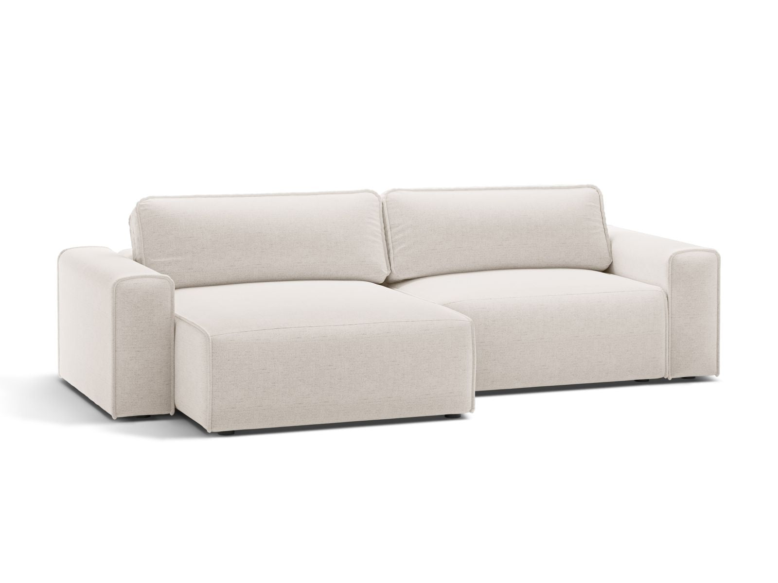 Stylisches 3-Sitzer Ecksofa links mit praktischer Bettfunktion und Stauraum, Modell Victor in elegantem Light Beige.