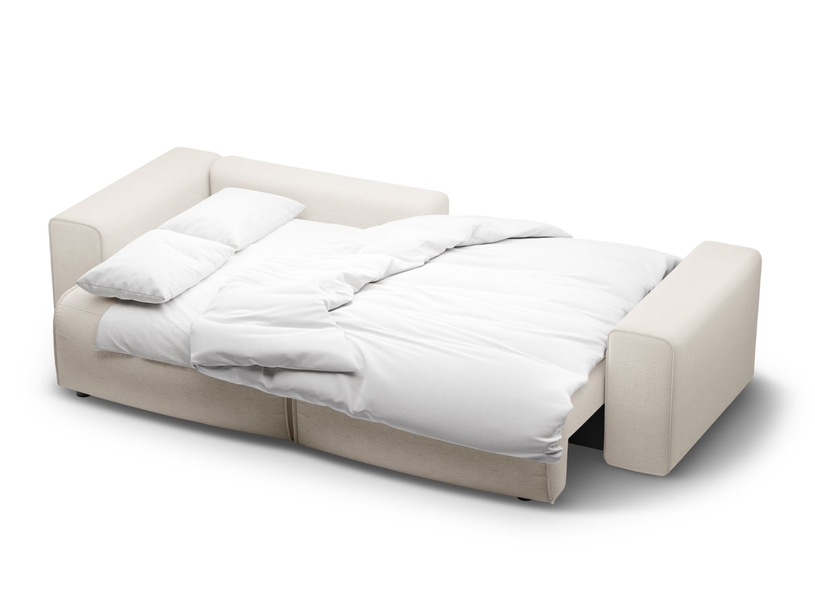 Modernes 3-Sitzer Ecksofa links mit integrierter Bettfunktion und Stauraum, Modell Victor in stilvollem Hellbeige für gemütliche Wohnräume.
