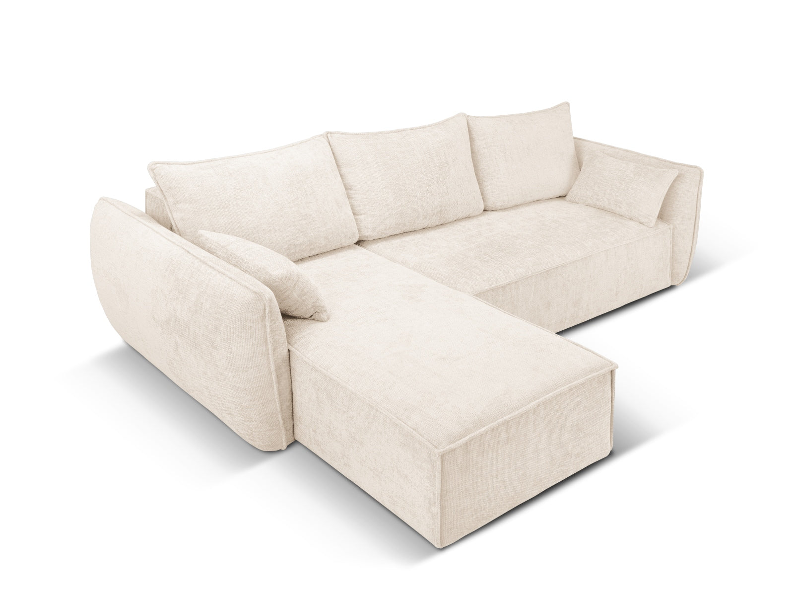 Elegantes Kaelle Ecksofa links in hellem Beige, ausgestattet mit Schlaffunktion und praktischer Stauraumbox für zusätzlichen Komfort.