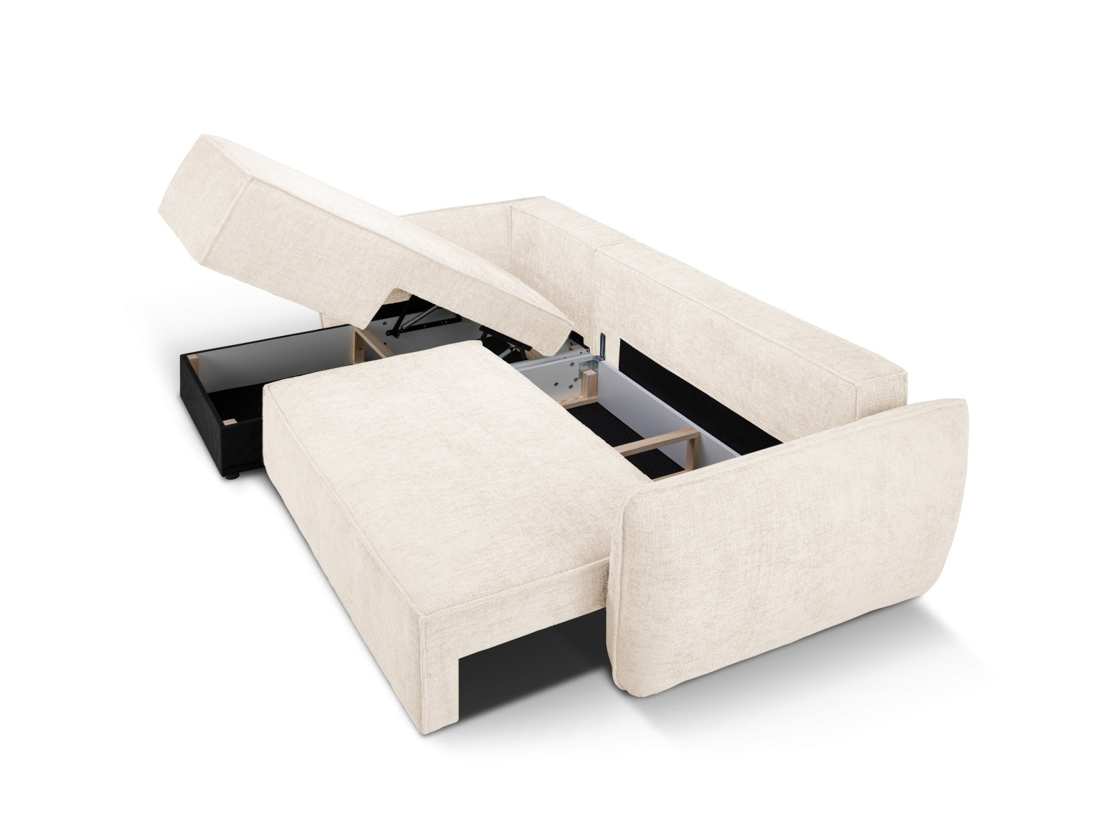 Modernes Kaelle Ecksofa links in sanftem Beige, ideal für entspannte Abende, mit Schlaffunktion und Stauraum für Kissen und Decken.