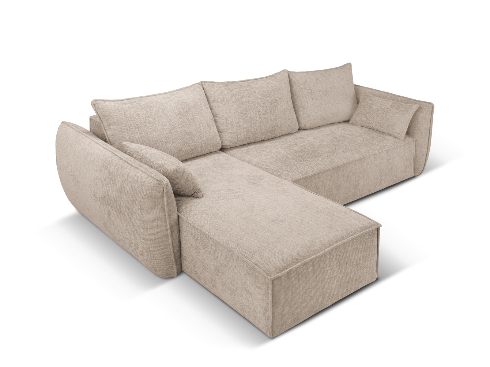 Beige Kaelle Ecksofa links mit Schlaffunktion, 4-Sitzer, elegantes Design, perfekt für Wohnräume und als Schlafgelegenheit für Gäste.