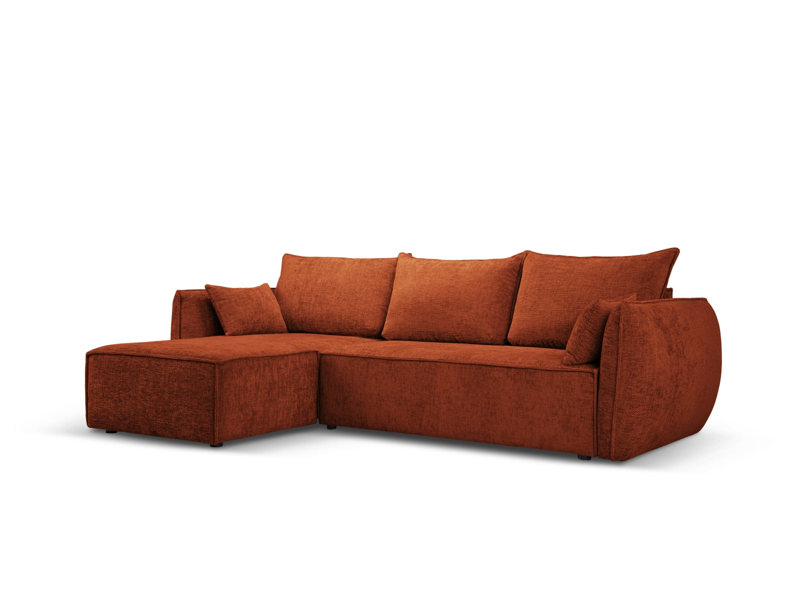 Stylisches Kaelle Ecksofa links in Terracotta mit Schlaffunktion und Stauraum, ideal für modernes Wohnen und Gästeübernachtungen.