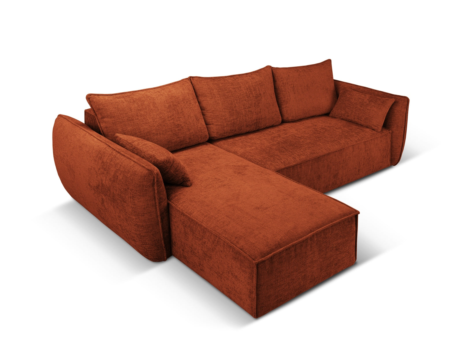 Elegantes Kaelle Ecksofa links in warmem Terracotta, ausgestattet mit Schlaffunktion und praktischer Stauraumbox für zusätzlichen Komfort.