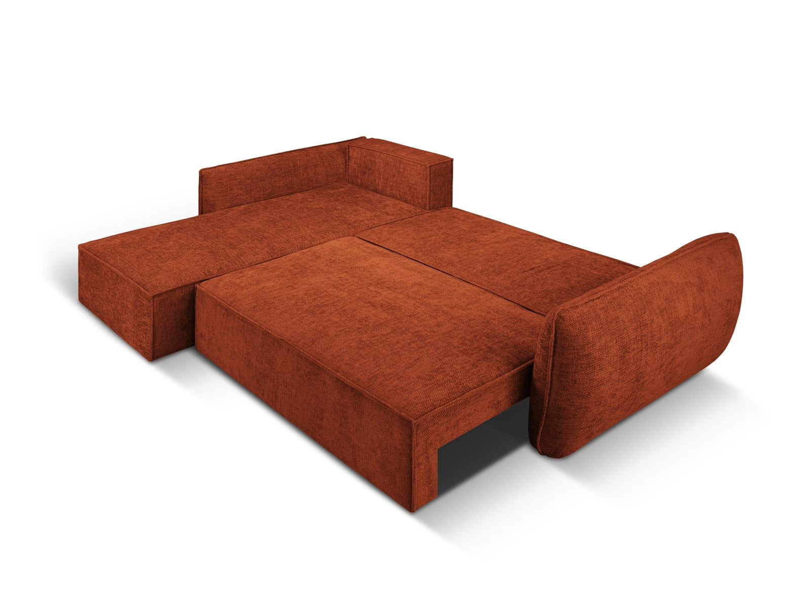 Modernes Kaelle Ecksofa links in elegantem Terracotta, bietet Komfort, Schlaffunktion und praktischen Stauraum für jeden Wohnraum.