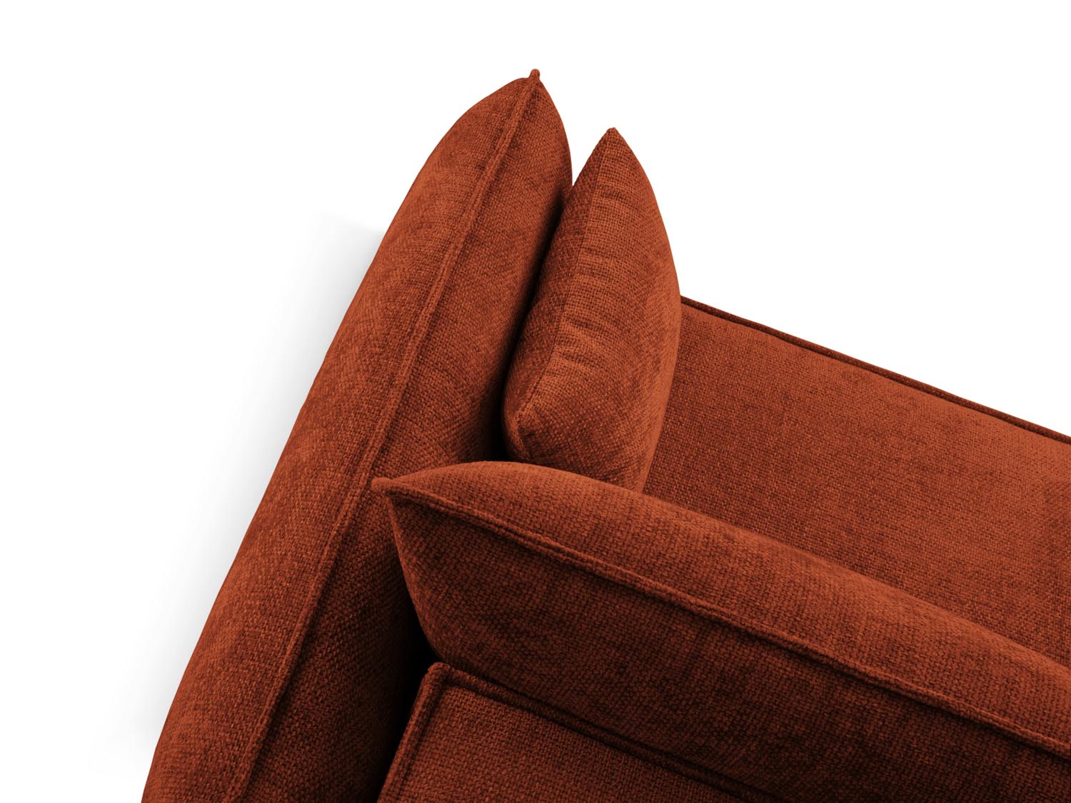Stylisches Kaelle Ecksofa links in warmem Terracotta, ideal für entspannte Abende und als funktionales Schlafsofa mit zusätzlichem Stauraum.