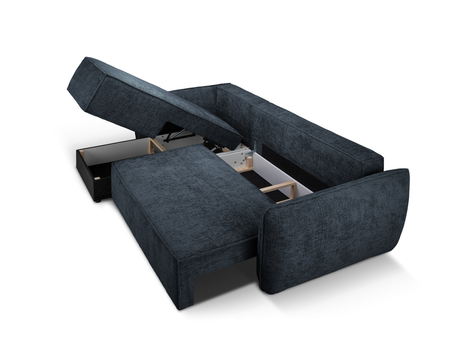 Modernes Kaelle Ecksofa links in Royal Blue, 4-Sitzer mit integrierter Schlaffunktion und Stauraum, ideal für gemütliche Abende.