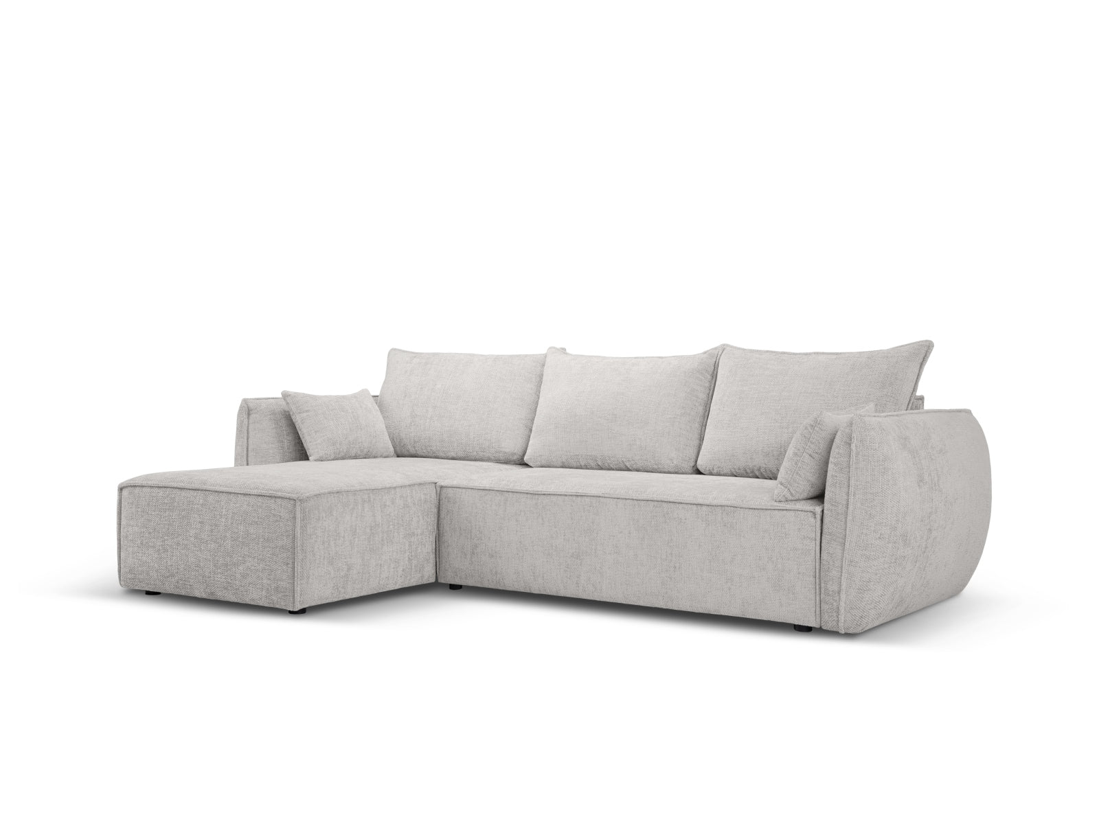 Stylisches Kaelle Ecksofa links in Hellgrau mit Schlaffunktion und Stauraum, ideal für moderne Wohnräume und Gästeübernachtungen.