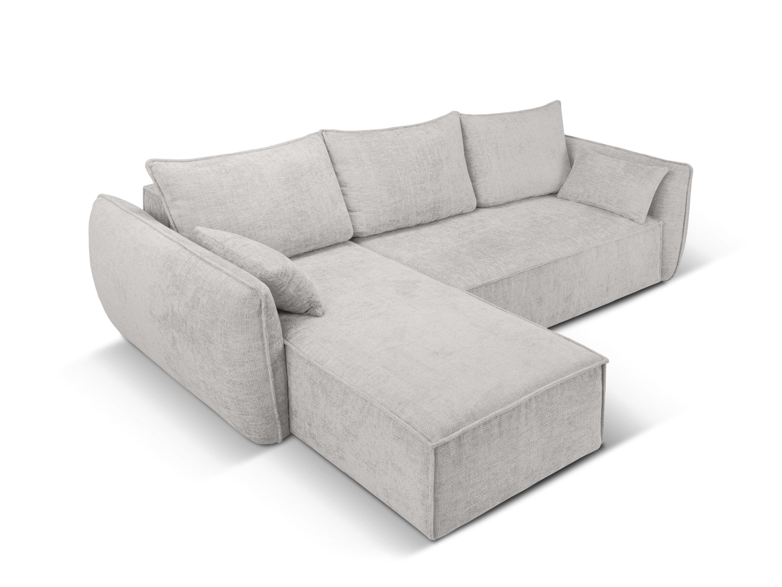 Elegantes Kaelle Ecksofa links in sanftem Hellgrau, ausgestattet mit Schlaffunktion und praktischer Stauraumbox für zusätzlichen Komfort.