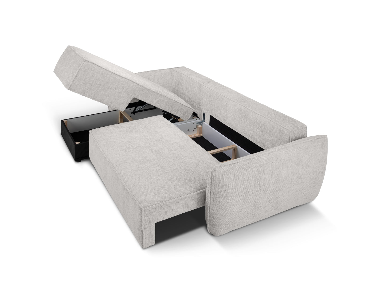 Stylisches Kaelle Ecksofa links in hellem Grau, ideal für Wohnräume, bietet Schlaffunktion und Stauraum für optimale Nutzung.